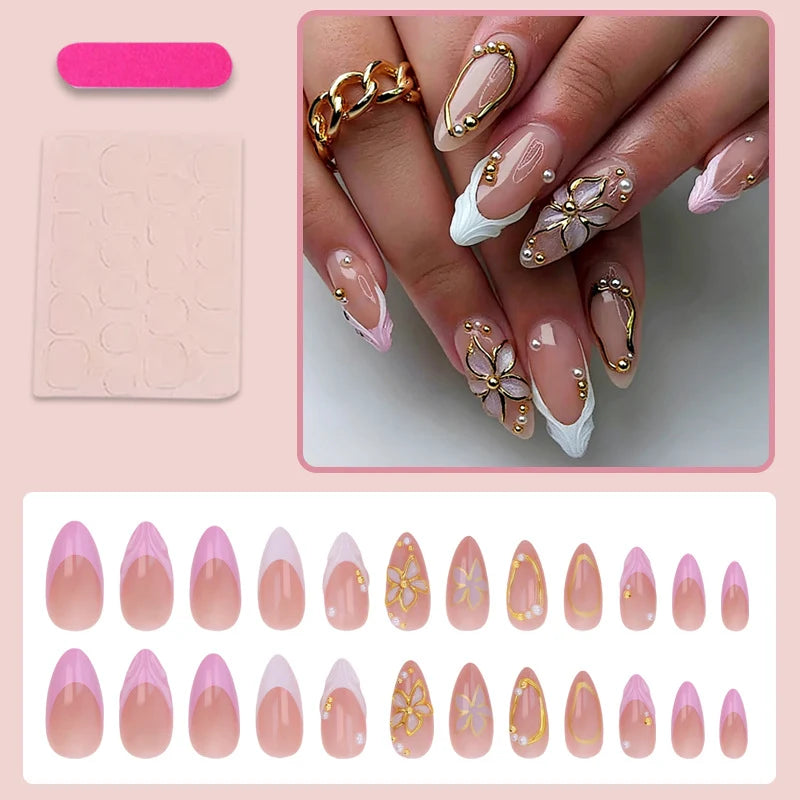 Press-On Nail Set Floral & Glitter With Adhesive Tool