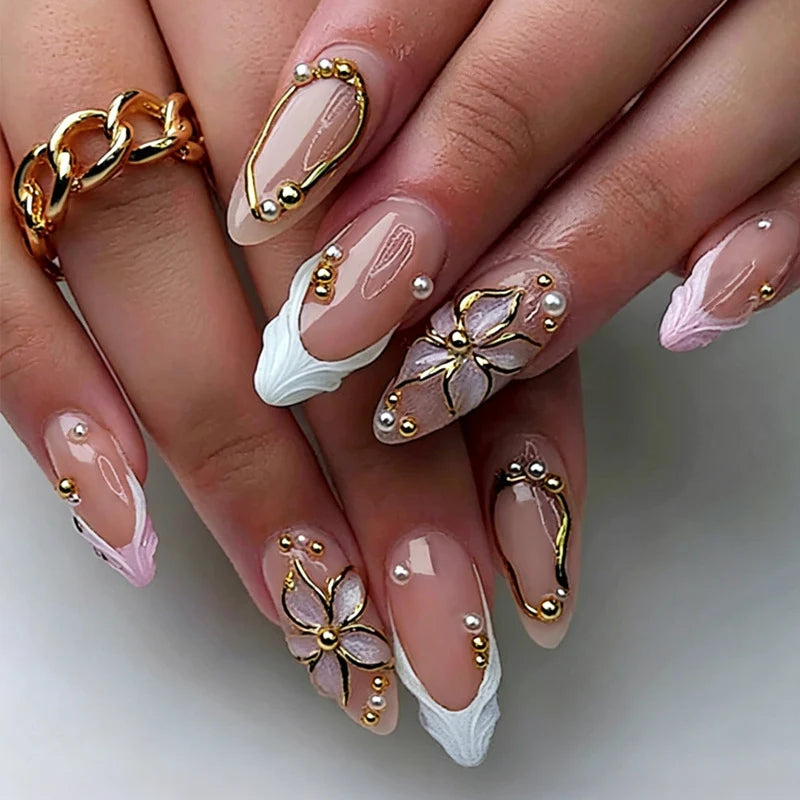 Press-On Nail Set Floral & Glitter With Adhesive Tool