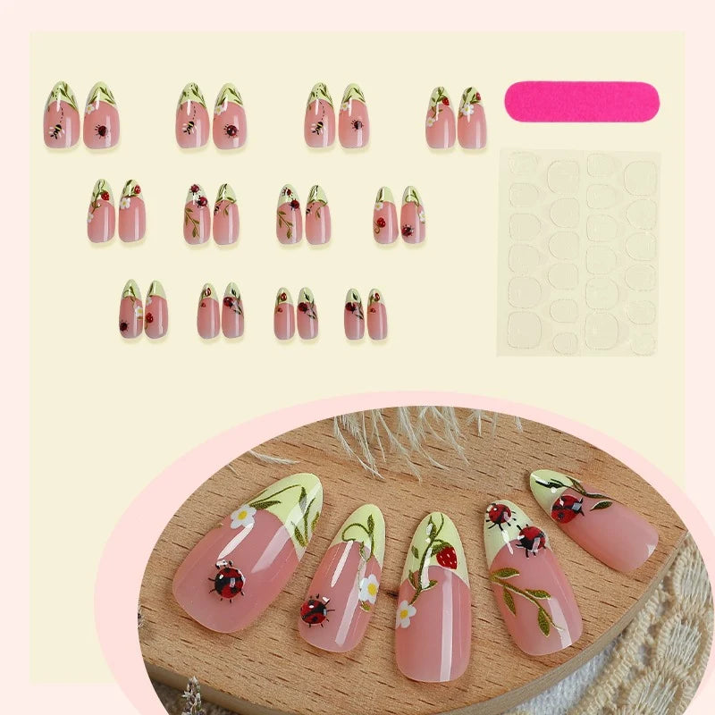 Press-On Nail Set Floral & Glossy Accents Multiple Sizes