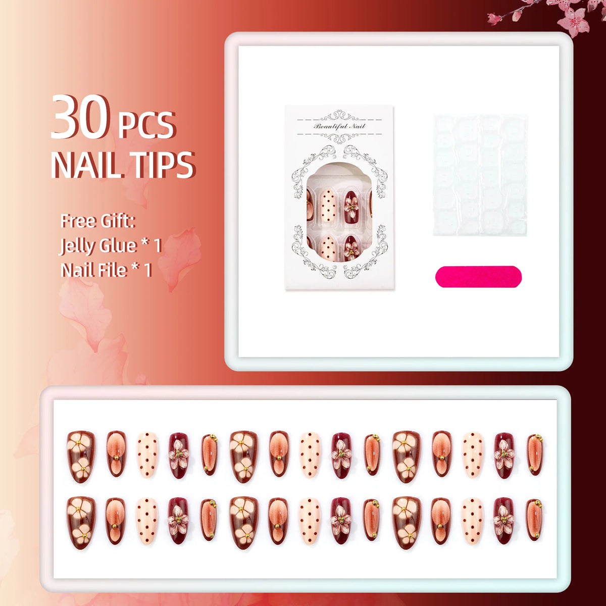 Press-On Nail Set Floral Glossy Finish Reusable