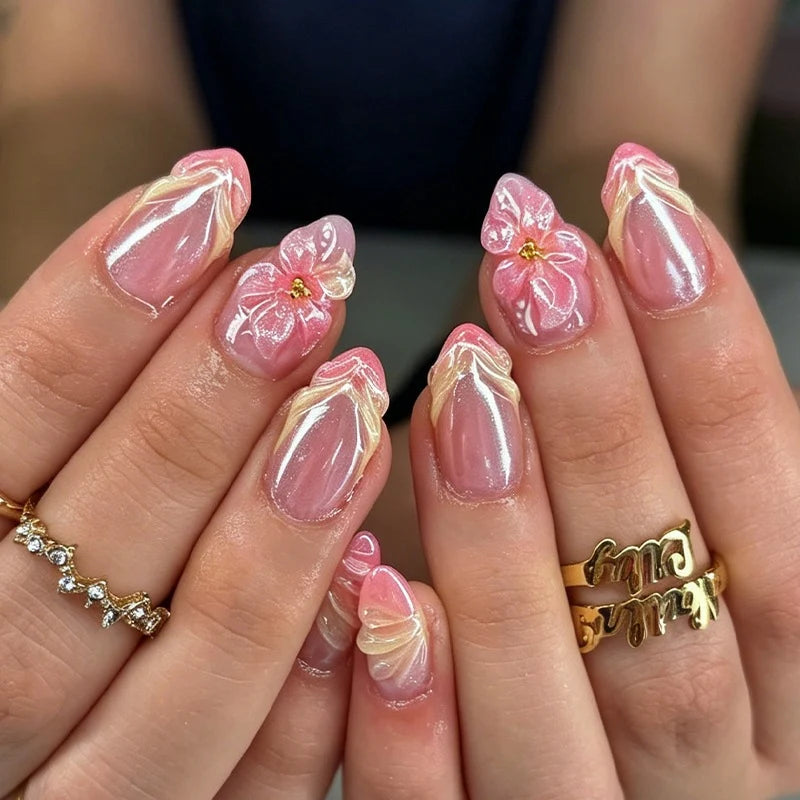 Press-On Nail Set Floral & Glossy Reusable Adhesive Tabs