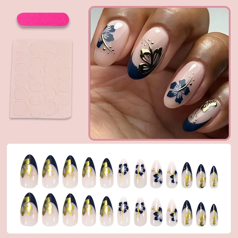 Press-On Nail Set Floral & Gold 24-Piece