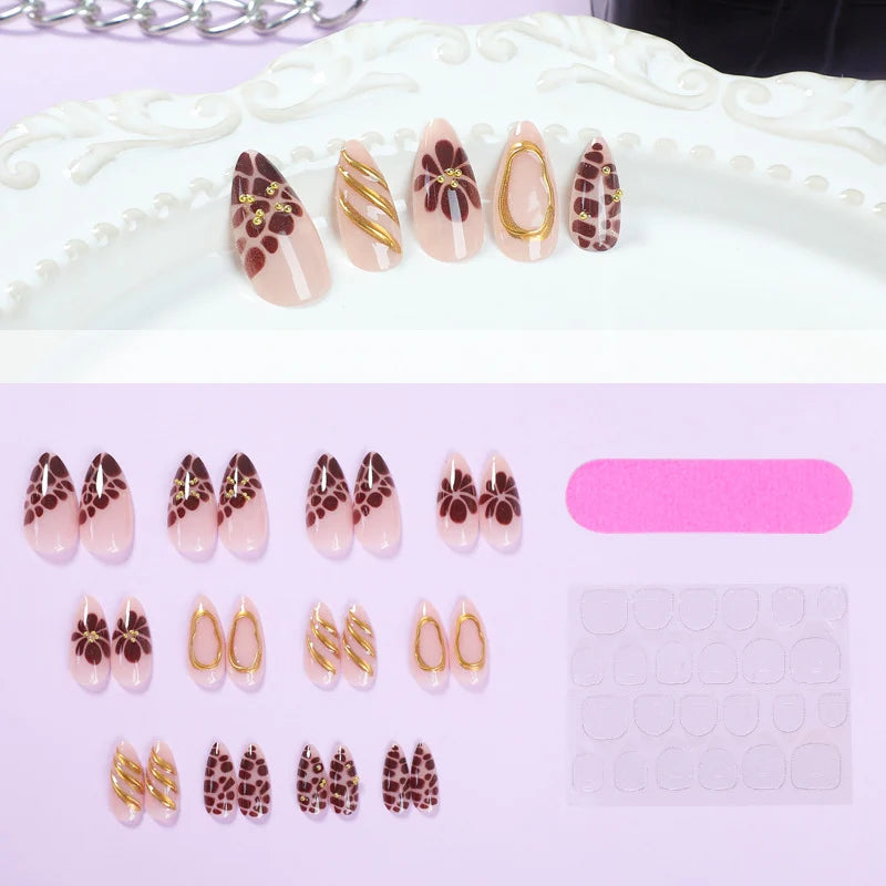 Press-On Nail Set Floral & Gold Accents