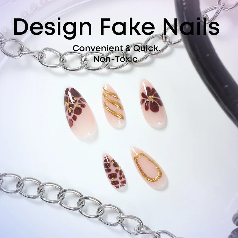 Press-On Nail Set Floral & Gold Accents