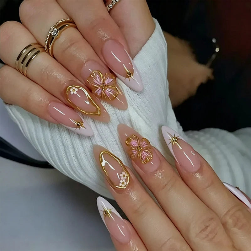 Press-On Nail Set Floral Gold Accents