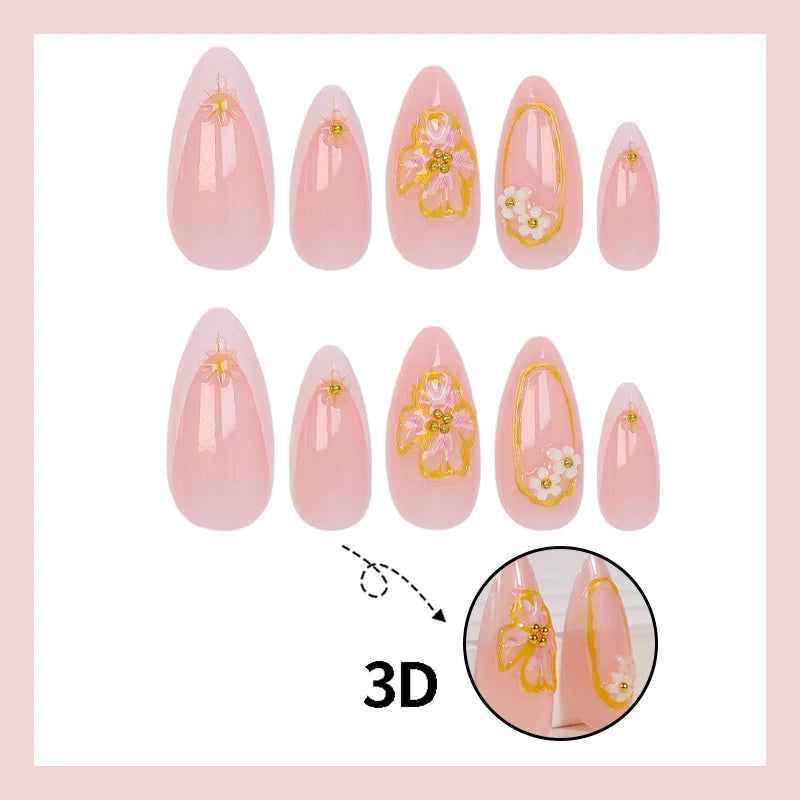 Press-On Nail Set Floral Gold Accents