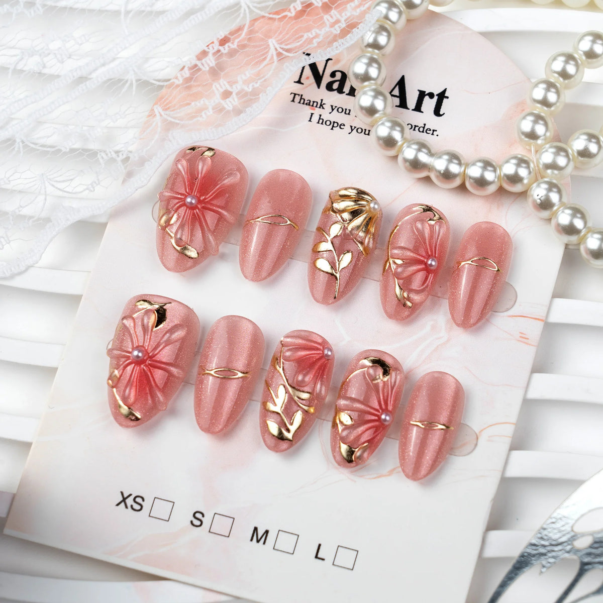 Press-On Nail Set Floral Gold Accents Adhesive Base