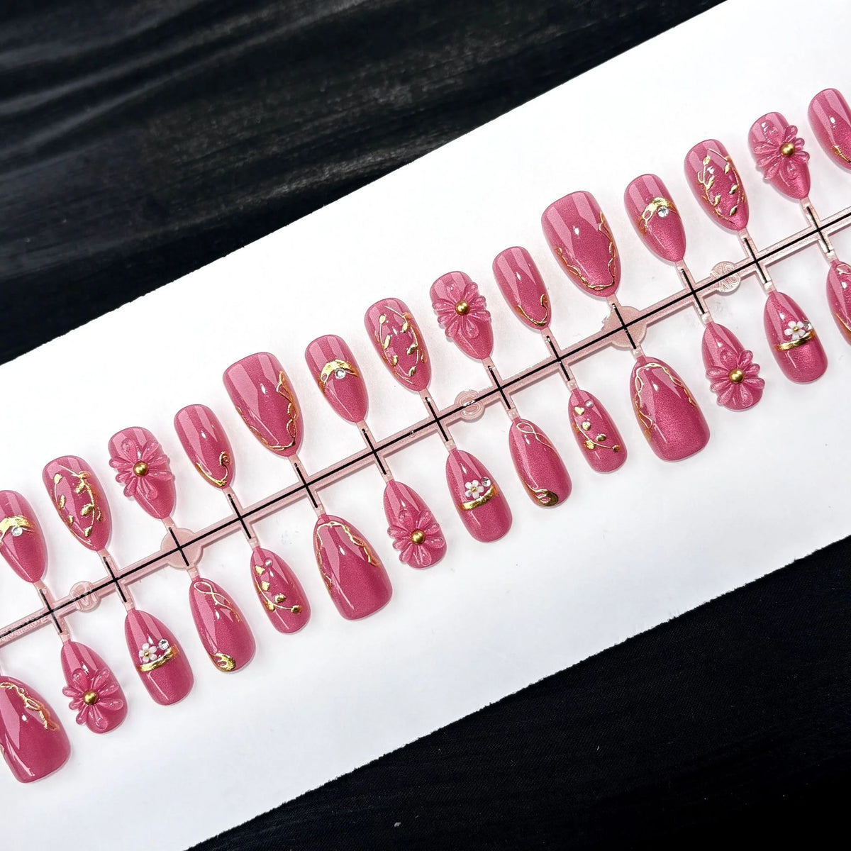 Press-On Nail Set Floral Gold Accents Durable Non-Toxic