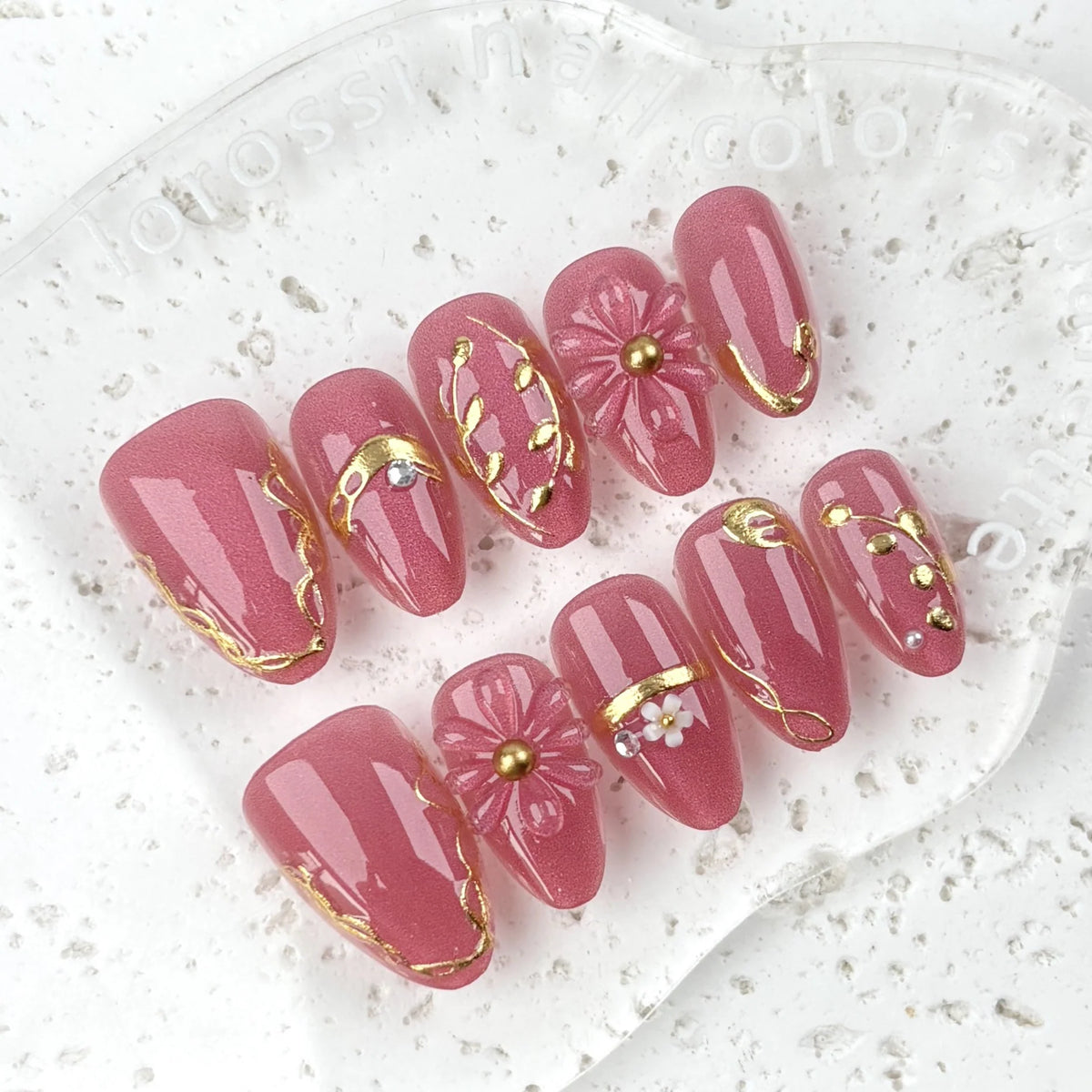 Press-On Nail Set Floral Gold Accents Durable Non-Toxic