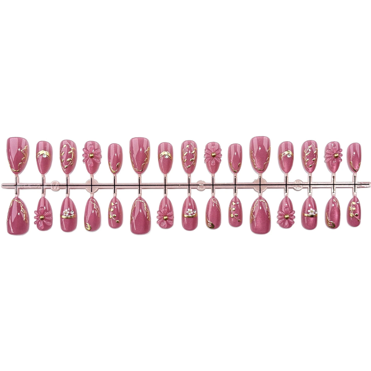 Press-On Nail Set Floral Gold Accents Durable Non-Toxic