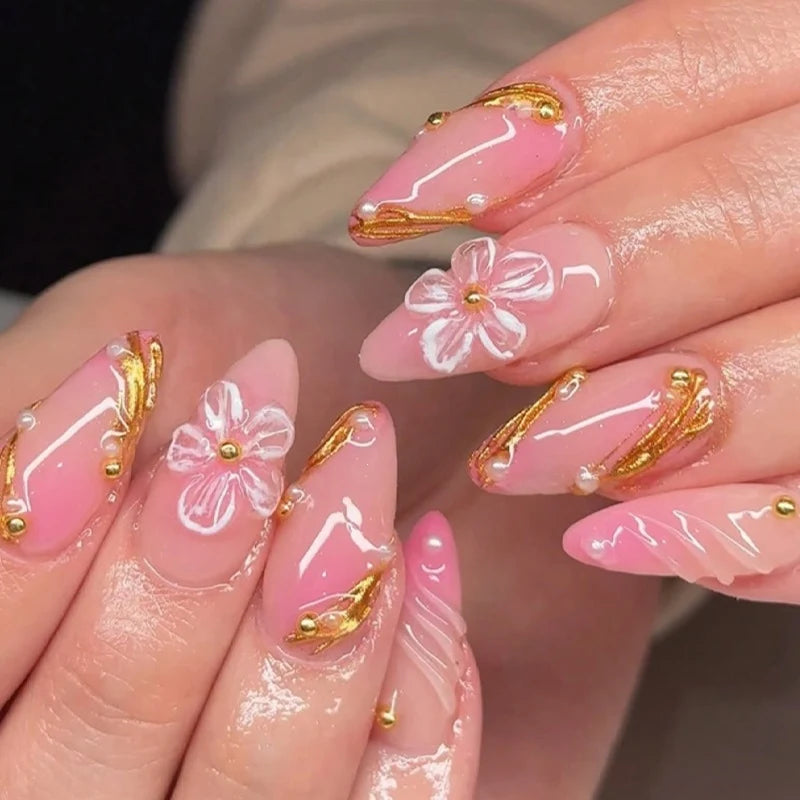 Press-On Nail Set Floral & Gold Accents Easy Application