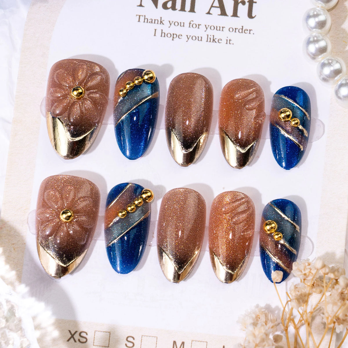 Press-On Nail Set Floral & Gold Accents Easy Application