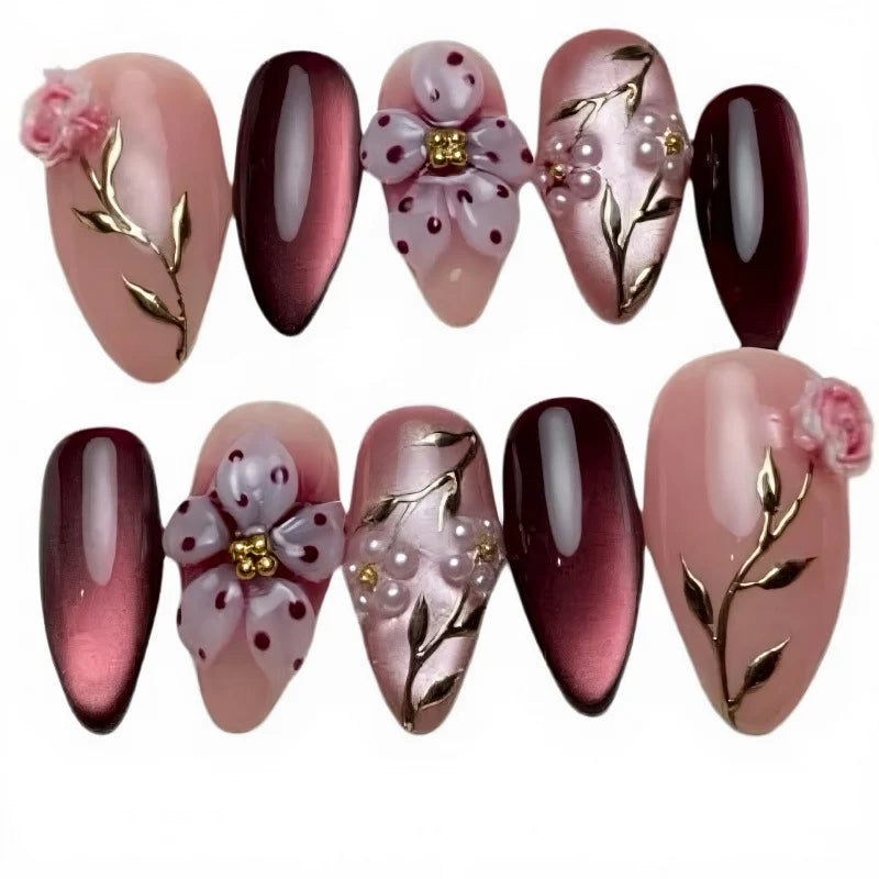 Press-On Nail Set Floral Gold Accents Easy Application