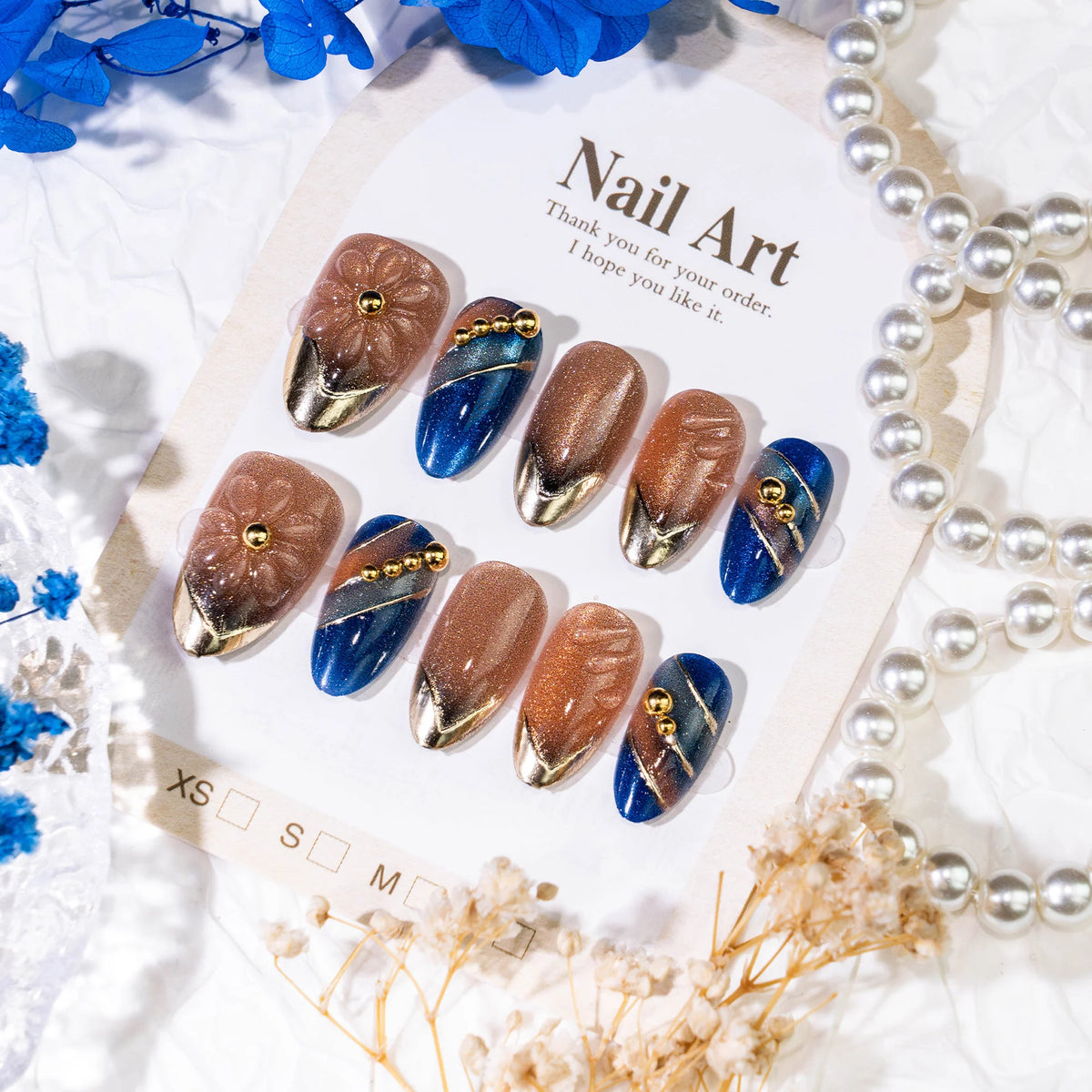 Press-On Nail Set Floral & Gold Accents Easy Application