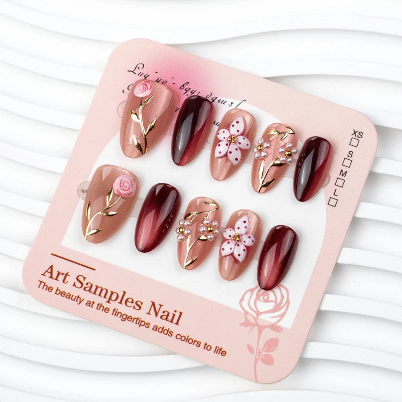 Press-On Nail Set Floral Gold Accents Easy Application