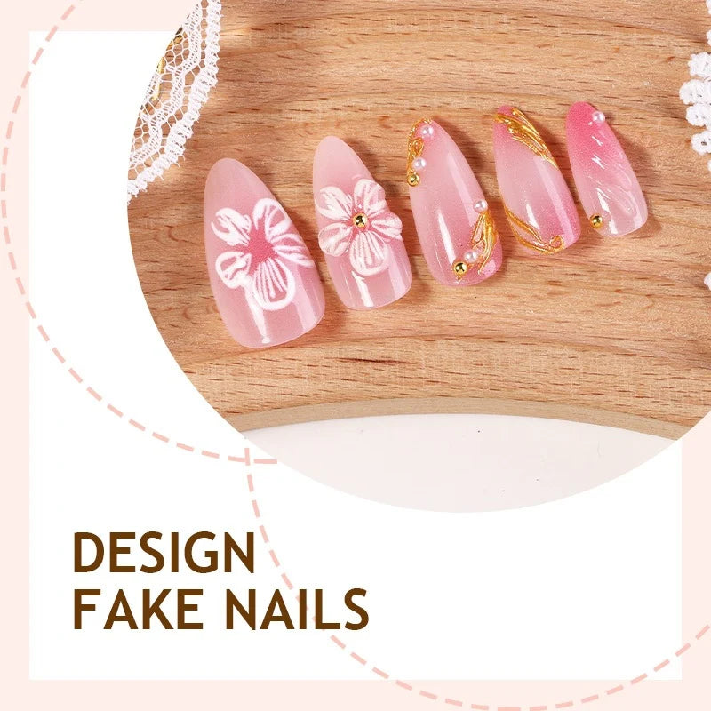 Press-On Nail Set Floral & Gold Accents Easy Application