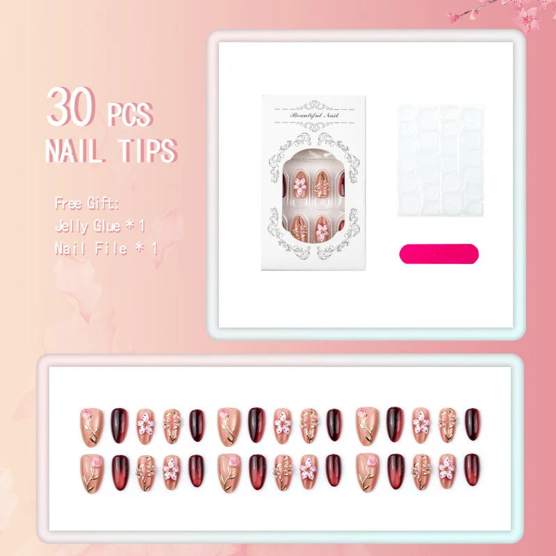 Press-On Nail Set Floral Gold Accents Easy Application