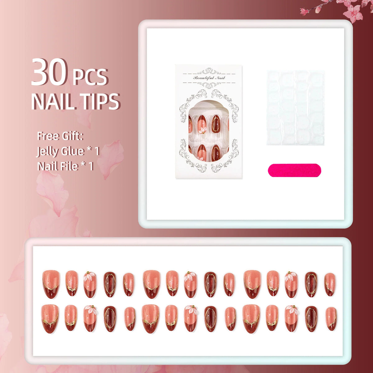 Press-On Nail Set Floral Gold Accents Easy Application Reusable