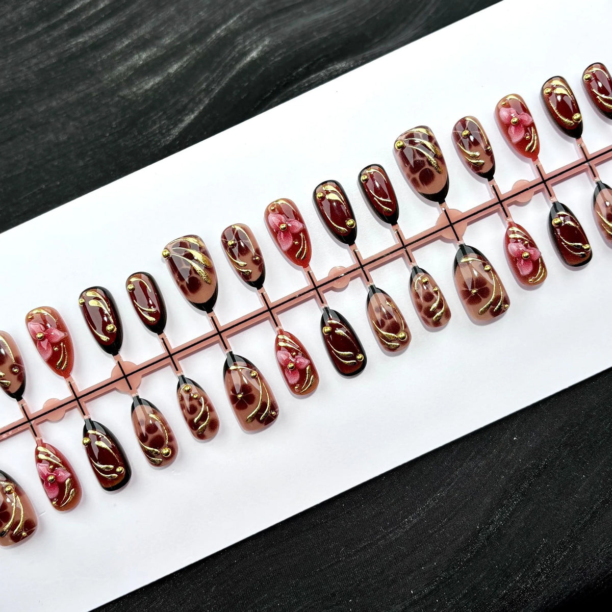 Press-On Nail Set Floral & Gold Accents Easy Apply