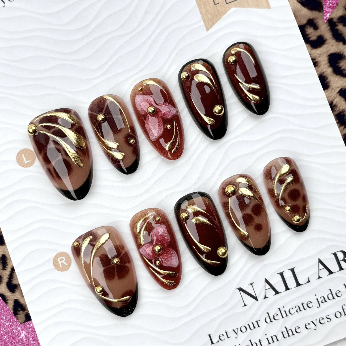 Press-On Nail Set Floral & Gold Accents Easy Apply