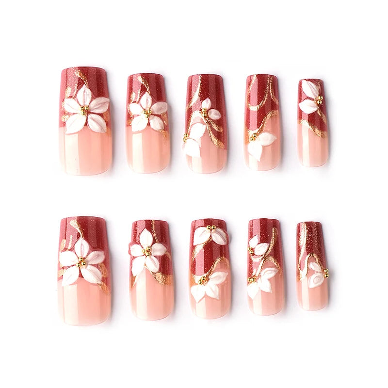 Press-On Nail Set Floral Gold Accents Easy-Apply & Reusable