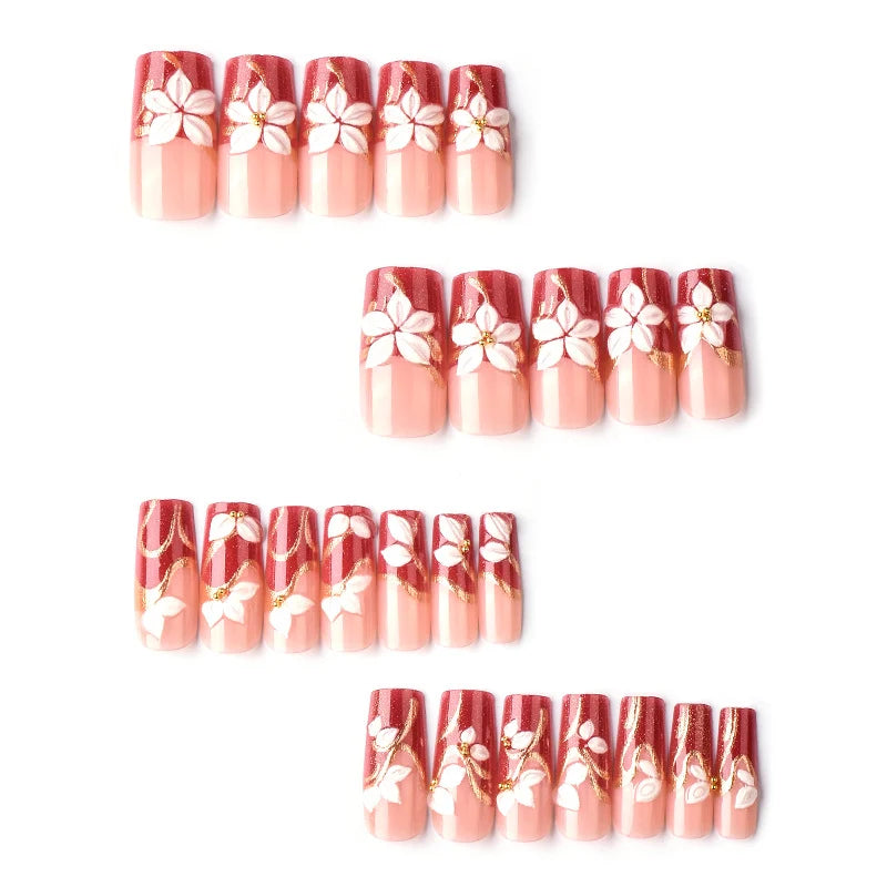 Press-On Nail Set Floral Gold Accents Easy-Apply & Reusable