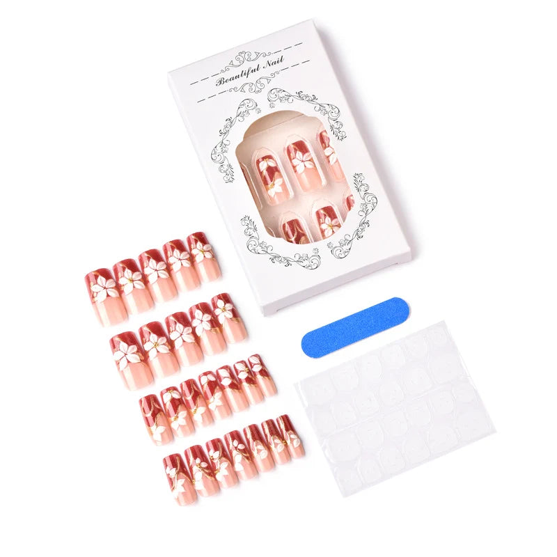 Press-On Nail Set Floral Gold Accents Easy-Apply & Reusable