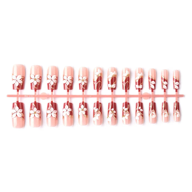 Press-On Nail Set Floral Gold Accents Easy-Apply & Reusable