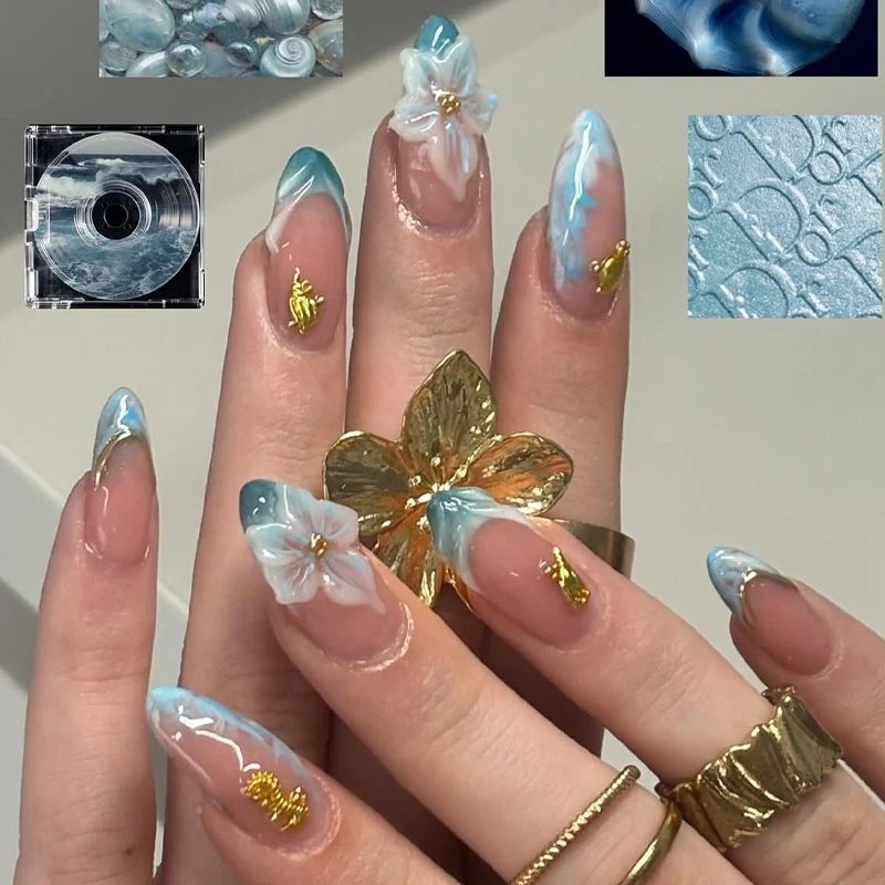 Press-On Nail Set Floral & Gold Accents Full Kit