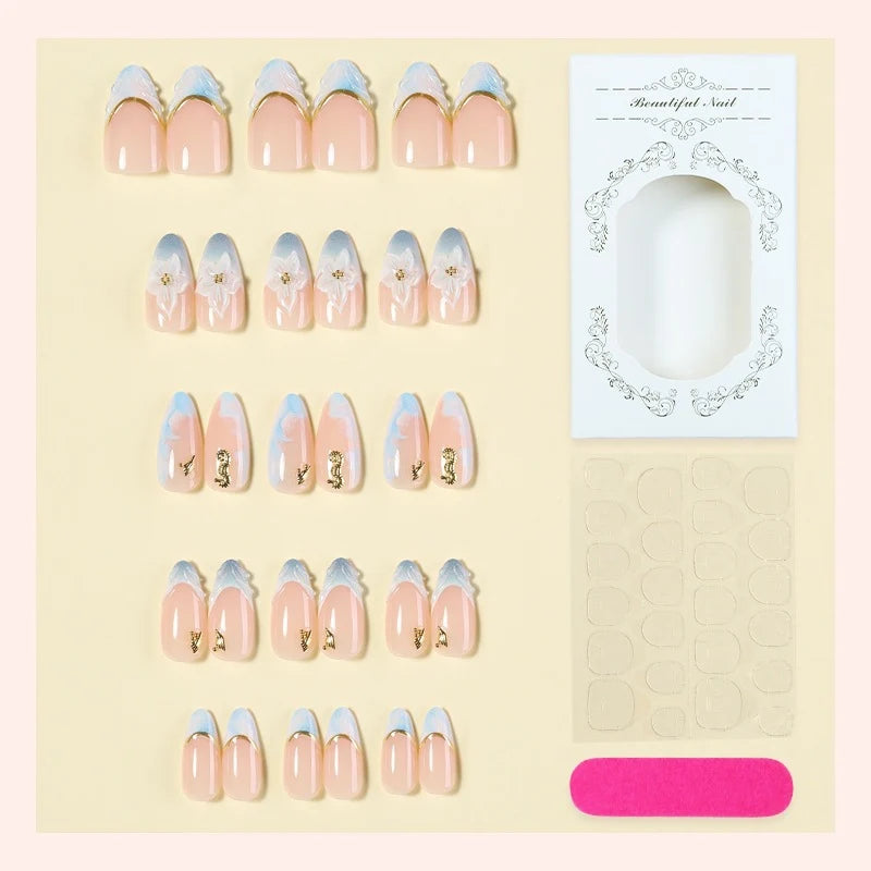 Press-On Nail Set Floral & Gold Accents Full Kit