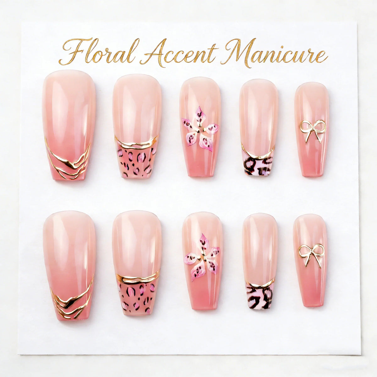Press-On Nail Set Floral Gold Accents Long-Lasting