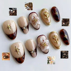 Press-On Nail Set Floral Gold Accents Long-Lasting