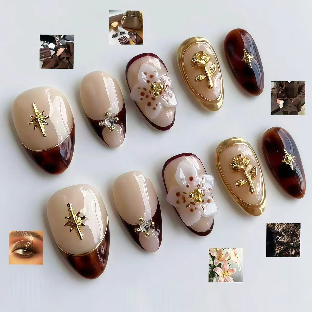 Press-On Nail Set Floral Gold Accents Long-Lasting