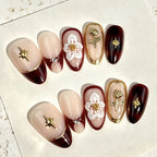 Press-On Nail Set Floral Gold Accents Long-Lasting
