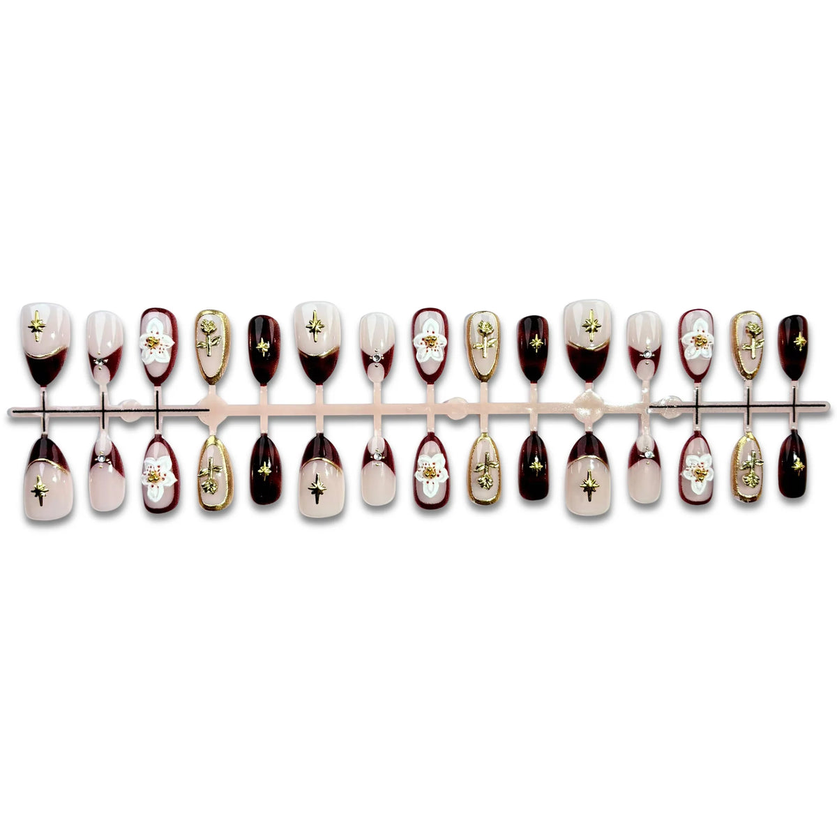 Press-On Nail Set Floral Gold Accents Long-Lasting
