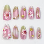 Press-On Nail Set Floral & Gold Accents Multiple Sizes