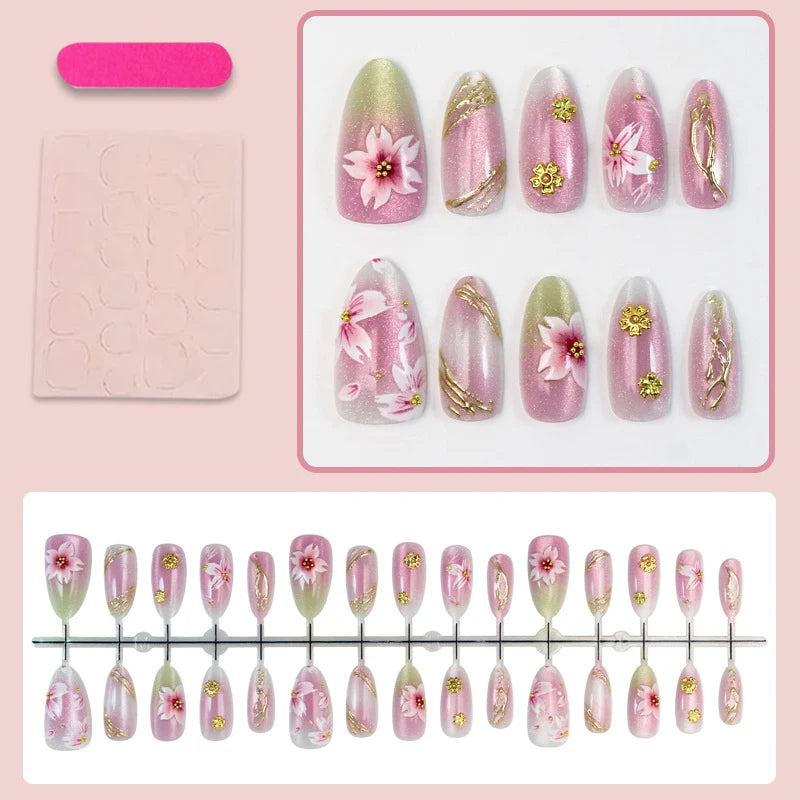 Press-On Nail Set Floral & Gold Accents Multiple Sizes