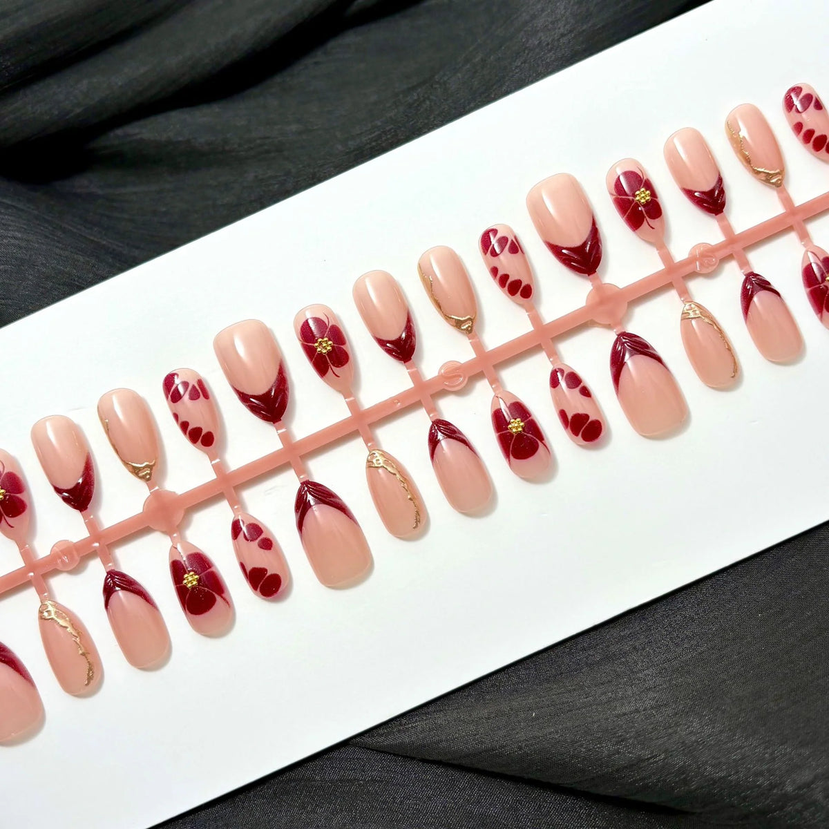 Press-On Nail Set Floral & Gold Accents Multiple Sizes