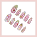 Press-On Nail Set Floral & Gold Accents Multiple Sizes