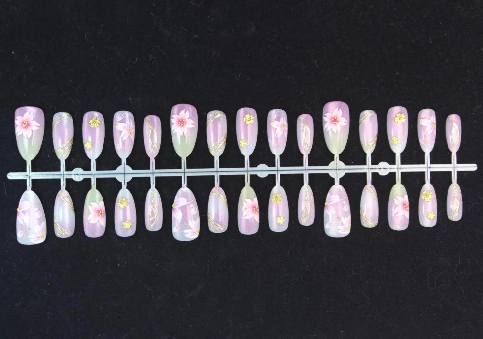 Press-On Nail Set Floral & Gold Accents Multiple Sizes