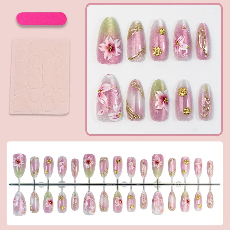 Press-On Nail Set Floral & Gold Accents Multiple Sizes