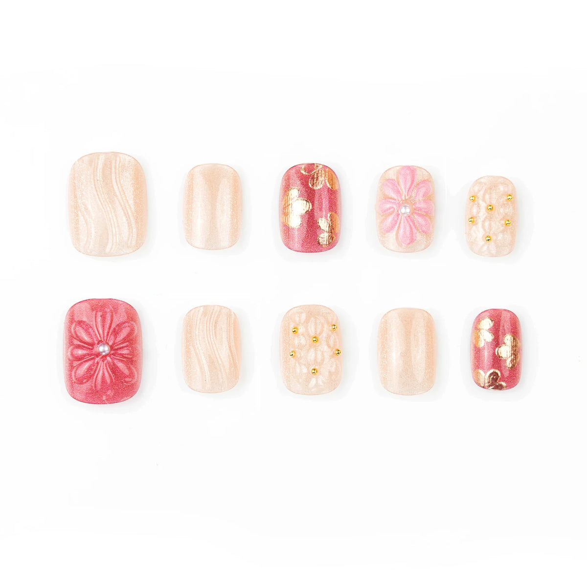Press-On Nail Set Floral Gold Accents Peel & Stick