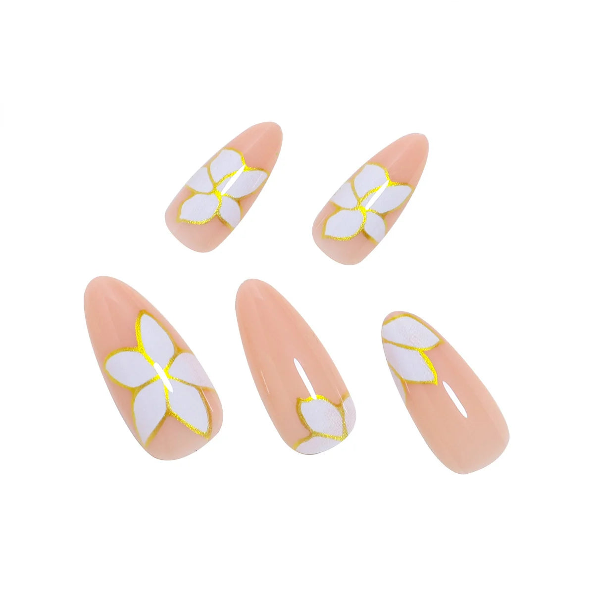 Press-On Nail Set Floral & Gold Accents Reusable 24-Piece