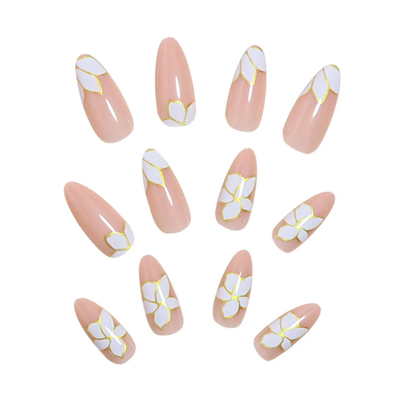Press-On Nail Set Floral & Gold Accents Reusable 24-Piece