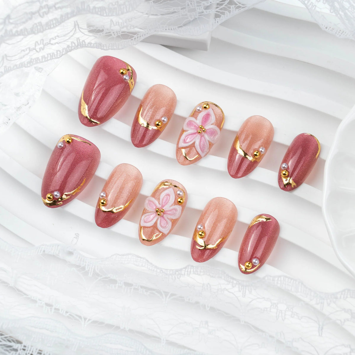 Press-On Nail Set Floral & Gold Accents Reusable