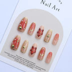 Press-On Nail Set Floral Gold Accents Reusable
