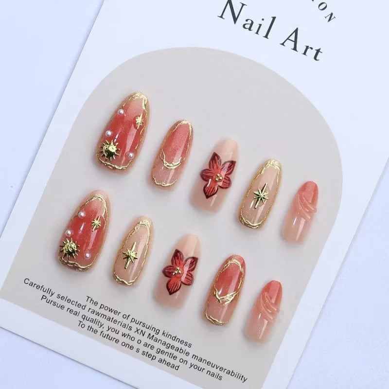 Press-On Nail Set Floral Gold Accents Reusable