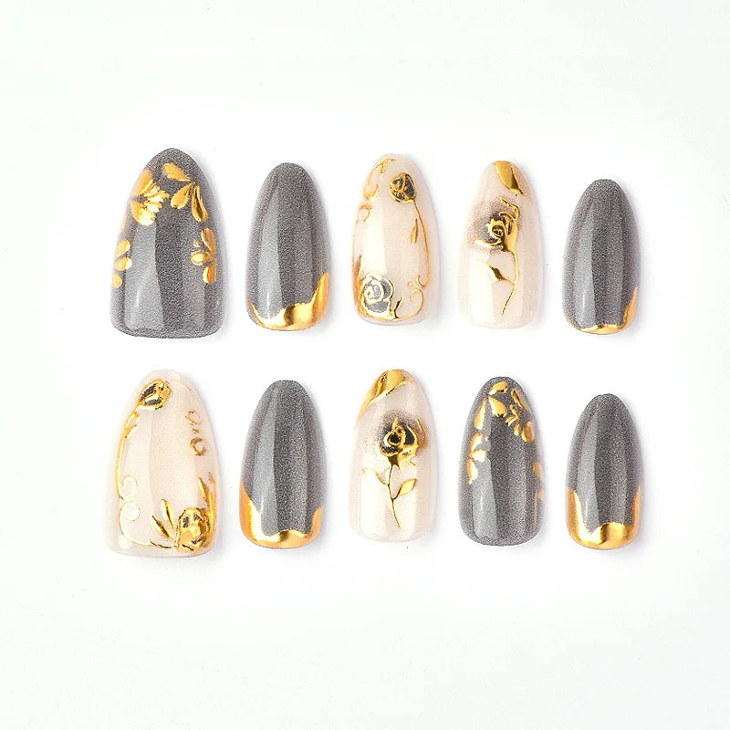 Press-On Nail Set Floral & Gold Accents Reusable