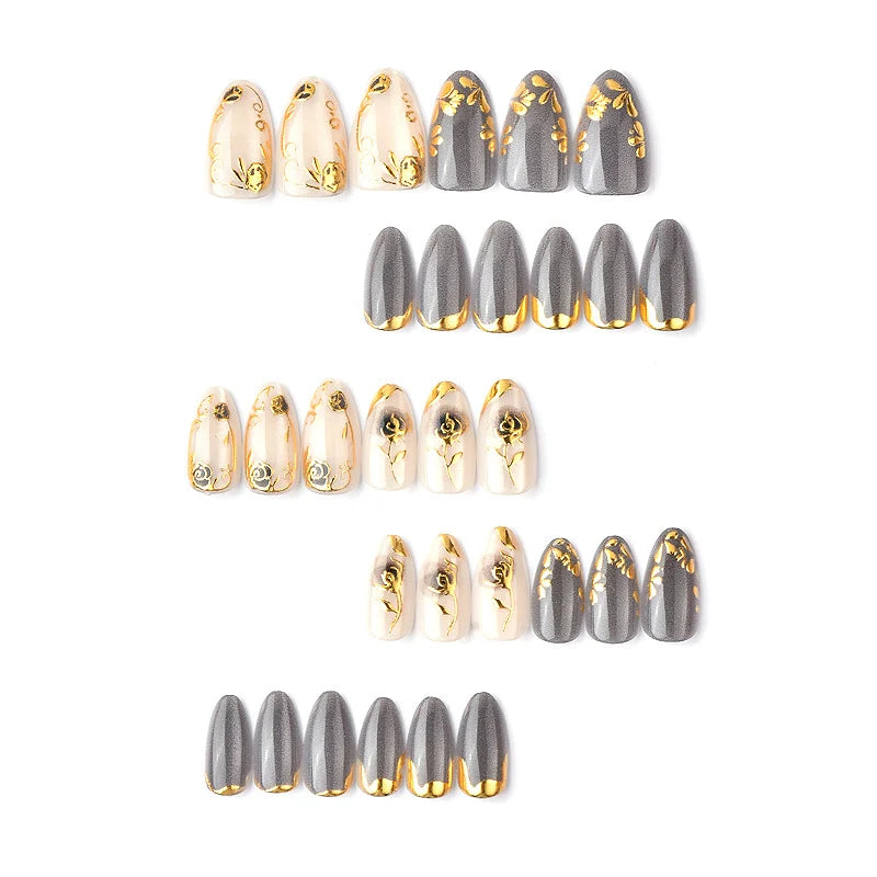 Press-On Nail Set Floral & Gold Accents Reusable