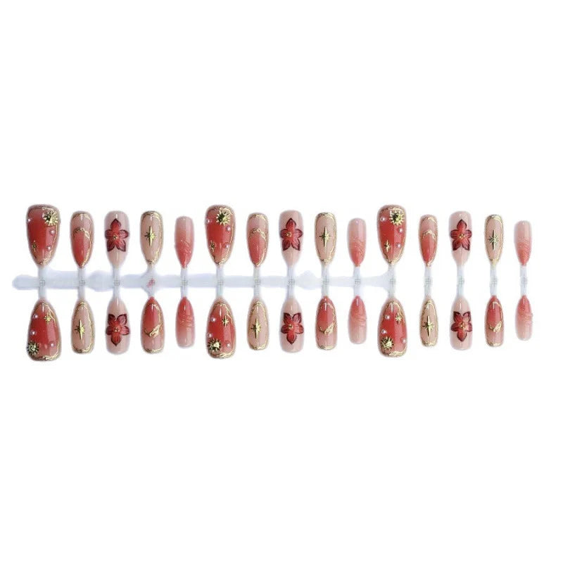 Press-On Nail Set Floral Gold Accents Reusable